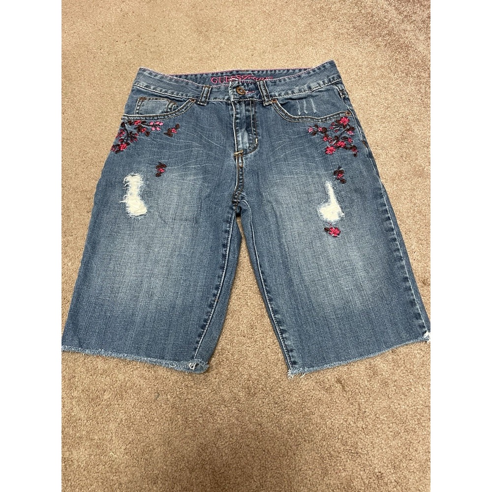 Guess Jeans Girls Shorts Denim Cut Off Pink Floral Embroidery Sz 14